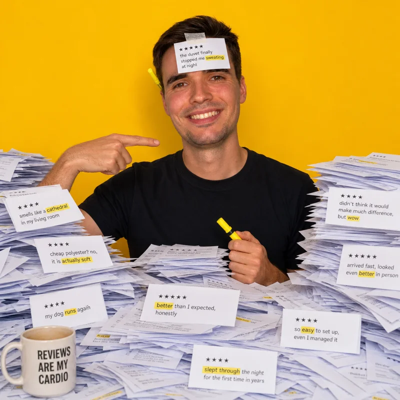 Martin, begraben unter ausgedruckten Produktbewertungen, Textmarker hinterm Ohr, eine Bewertung auf die Stirn geklebt