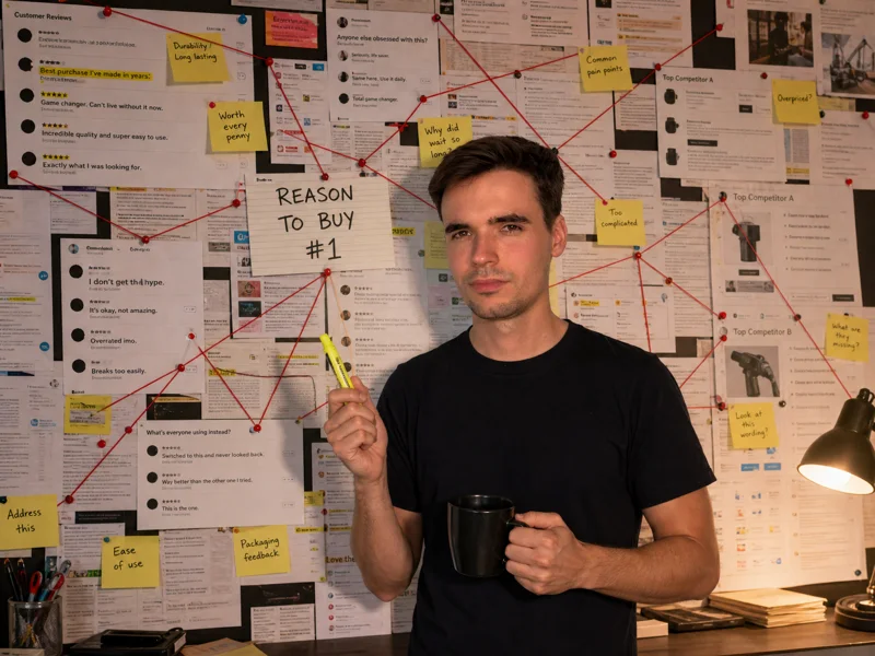 Martin, deadpan, vor einer Beweiswand aus ausgedruckten Bewertungen, Reddit-Threads, Kommentaren und Ads der Konkurrenz, verbunden mit rotem Faden
