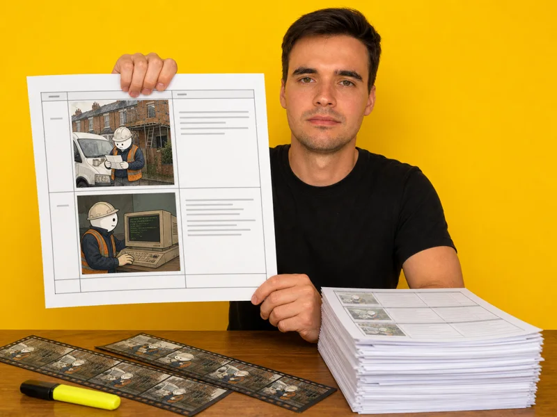 Martin, deadpan, hält eine Skriptseite hoch, mit einem Storyboard-Frame für jeden Hook