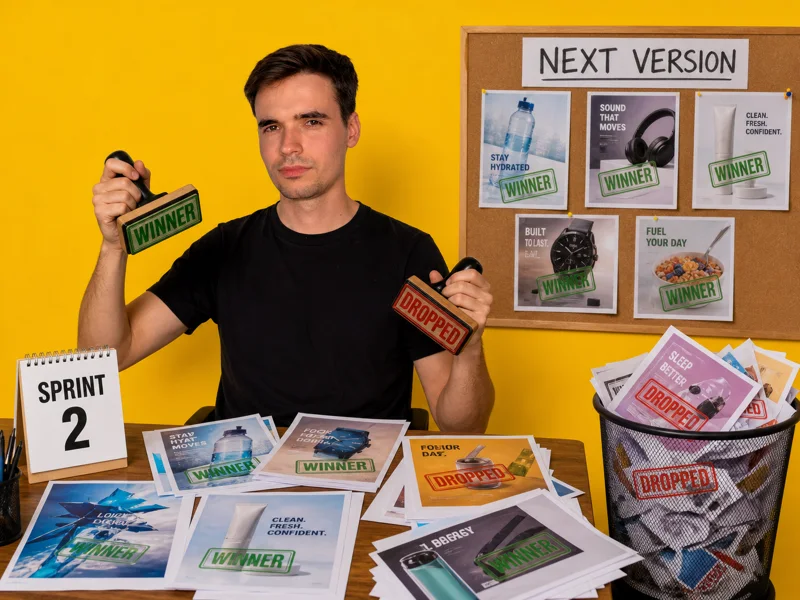 Martin mit zwei Stempeln, WINNER und DROPPED, sortiert ausgedruckte Ads, die Winner hängen unter NEXT VERSION
