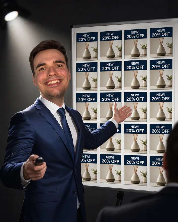Martin als Account Manager einer Agentur, stolz präsentiert er 20 identische Ads, auf allen steht NEW! 20% OFF